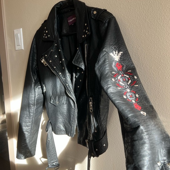 Black Women's Studded Vintage Leather Jacket - Picture 3 of 6
